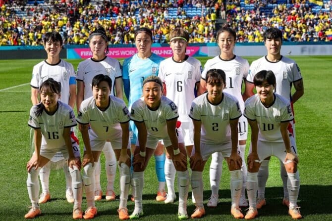 Startaufstellung: Die Nationalspielerinnen aus Südkorea vor dem WM Spies der FIFA Frauen-Weltmeisterschaft 2023 zwischen Kolumbien Frauen und Koreanische Republik Frauen im Sydney Football Stadium, Sydney, Australien am 25. Juli 2023. Copyright: xNigelxKeenex PSI-17651-0093 Imago