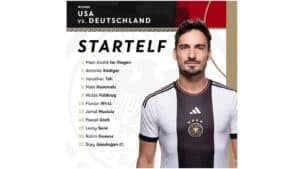 Die Startelf: 1 ter Stegen - 2 Rüdiger, 4 Tah, 5 Hummels, 9 Füllkrug, 10 Wirtz, 14 Musiala, 16 Groß, 19 Sané, 20 Gosens, 21 Gündoğan (C). Copyright DFB