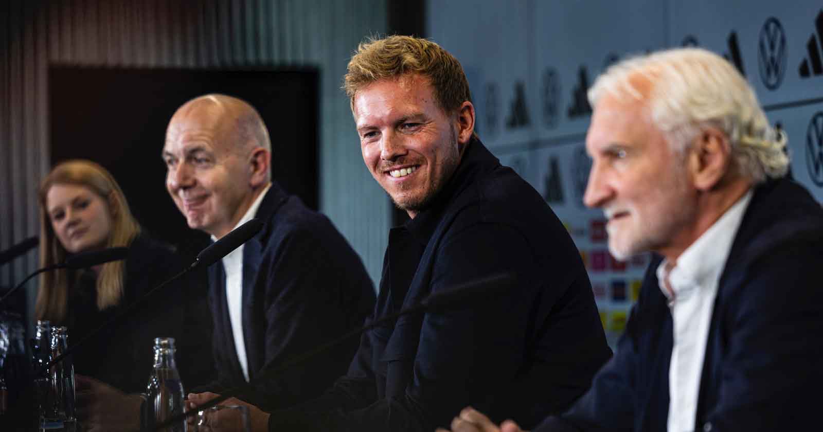 Pressekonferenz mit Bundestrainer Julian Nagelsmann, Bernd Neuendorf (DFB-Praesident), Rudi Voeller (DFB-Direktor Maenner-Nationalmannschaft), Foto: Thomas Boecker/DFB