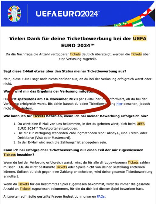 Email der UEFA mit der EM Ticket Zuteilung