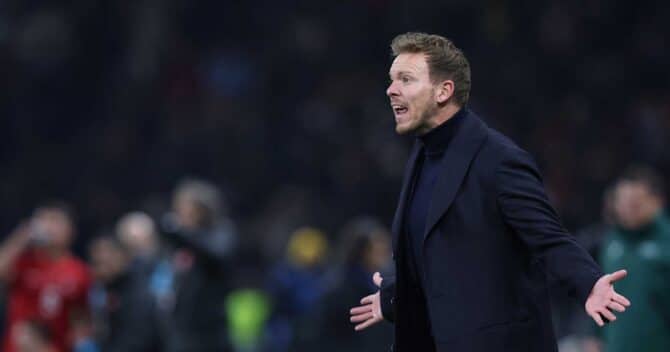 Germany's head coach Julian Nagelsmann reacts during the international friendly football match between Germany and Turkey at the Olympic Stadium in Berlin on November 18, 2023, in preparation for the UEFA Euro 2024 in Germany. (Photo by Ronny HARTMANN / AFP)