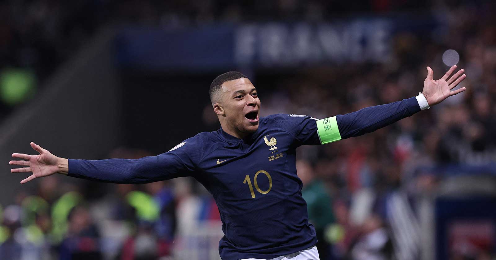 France's forward #10 Kylian Mbappe celebrates after scoring a goal during the UEFA EURO 2024 Group B qualifying football match between France and Gibraltar at the Allianz Riviera stadium in Nice, southeastern France, on November 18, 2023. (Photo by FRANCK FIFE / AFP)
