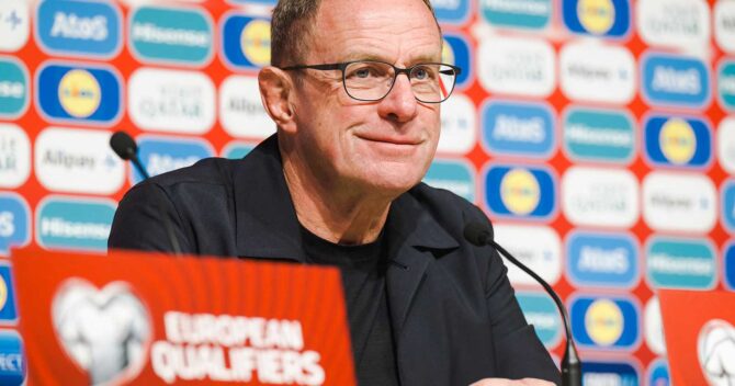 Austria's coach Ralf Rangnick attends a press conference after the Euro 2024 football tournament group F first round qualifying match between Estonia and Austria in Tallin, Estonia, on November 16, 2023. (Photo by RAIGO PAJULA / AFP)