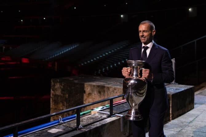 Aleksander Ceferin (UEFA President), ber der offiziellen Enthüllung des UEFA EURO 2024 logos in Berlin, 05.10.2021, Photo: Thomas Boecker/DFB