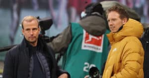 Bundestrainer Julian Nagelsmann (rechts) und Stuttgarts Sebastian Hoeneß im Jahr 2021. (Photo by Jan WOITAS / POOL / AFP)