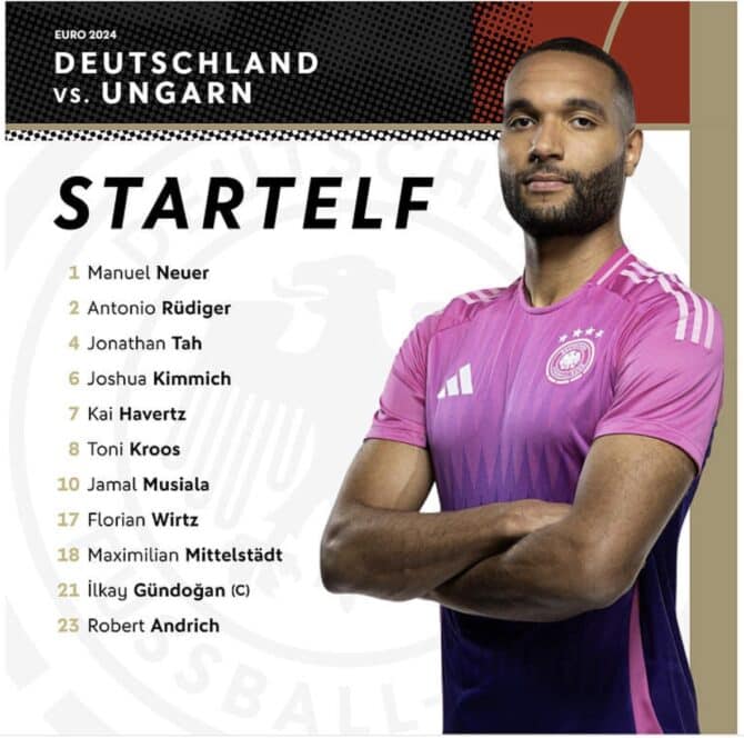 Wie ist die Aufstellung von Deutschland bei der EM 2024 heute gegen Ungarn? Neuer – Mittelstädt, Tah, Rüdiger, Kimmich – Kroos, Andrich – Wirtz, Gündogan, Musiala – Havertz