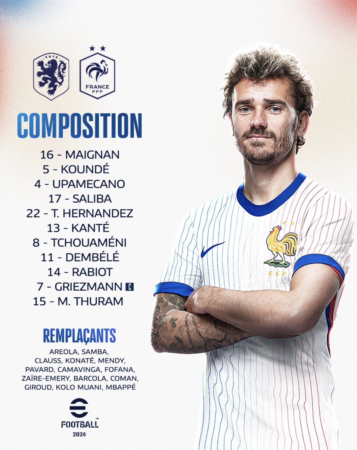 Aufstellung Frankreich: 16 Maignan – 5 Koundé, 4 Upamecano, 17 Saliba, 22 Theo Hernández – 8 Tchouaméni, 13 Kanté, 14 Rabiot – 11 Dembélé, 15 Thuram, 7 Griezmann. - Trainer: Deschamps