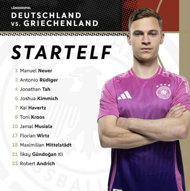 Die deutsche Aufstellung im pink-lila Awaytrikot DFB 2024 : 1 Neuer - 2 Rüdiger, 4 Tah, 6 Kimmich, 7 Havertz, 8 Kroos, 10 Musiala, 17 Wirtz, 18 Mittelstädt, 21 Gündogan (C), 23 Andrich