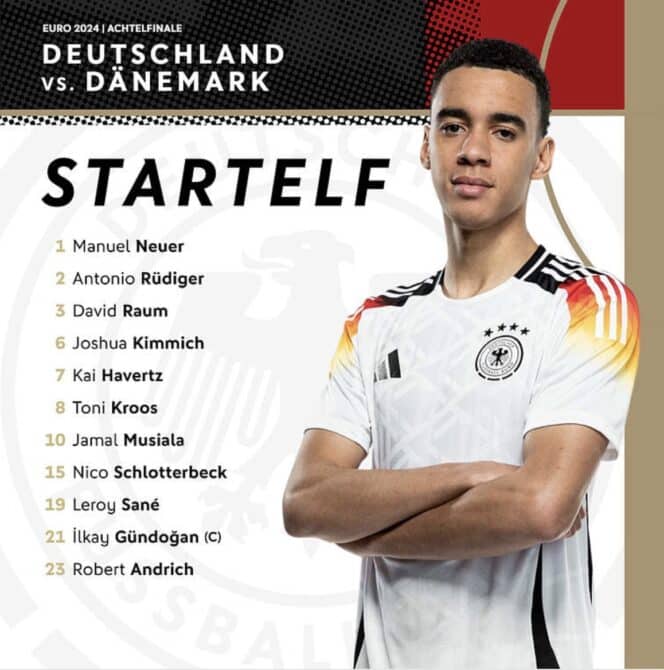 Die deutsche Startelf: Neuer - Rüdiger, Raum, Kimmich, Havertz, Kroos, Musiala, Schlotterbeck, Sané, Gündogan (C), Andrich.