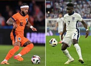 Der niederländische Stürmer #10 Memphis Depay (L) und Englands Stürmer #07 Bukayo Saka - Niederlande gegen England während des Halbfinalspiels der UEFA Euro 2024 in Dortmund am 10. Juli 2024. (Foto von John THYS und Javier SORIANO / AFP)