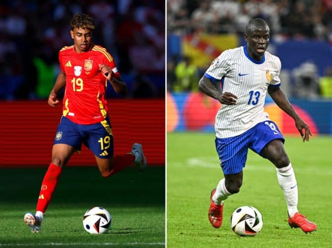 Spaniens #19 Lamine Yamal und Frankreichs #13 N'golo Kante - Spanien gegen Frankreich spielt das 1. Halbfinalspiel der UEFA Euro 2024 in München am 9. Juli 2024. (Foto: Odd ANDERSEN und Javier SORIANO / AFP)