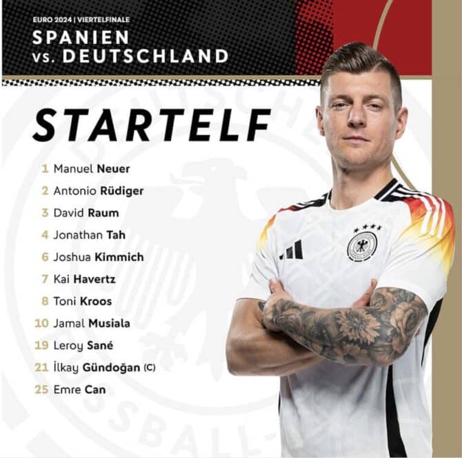 Update 16:45 Uhr - Die deutsche Startaufstellung -So wird Deutschland heute spielen: Neuer - Raum, Tah, Rüdiger, Kimmich - Kroos, Can - Musiala, Gündogan, Sané - Havertz