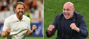 (COMBO) Diese Kombination von Bildern, die am 12. Juli 2024 erstellt wurde, zeigt Englands Cheftrainer Gareth Southgate (L) beim Jubel nach dem Halbfinalspiel der UEFA Euro 2024 zwischen den Niederlanden und England im BVB-Stadion in Dortmund am 10. Juli 2024; und Spaniens Cheftrainer Luis de la Fuente beim Jubel nach dem Viertelfinalspiel der UEFA Euro 2024 zwischen Spanien und Deutschland in der Stuttgarter Arena in Stuttgart am 5. Juli 2024. - Spanien gegen England während des Endspiels der UEFA Euro 2024 im Olympiastadion in Berlin am 14. Juli 2024. (Foto von Miguel MEDINA und Odd ANDERSEN / AFP)