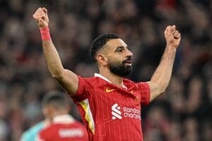 Mohamed Salah vom FC Liverpool feiert sein Tor. (Photo by Cody Froggatt/News Images)