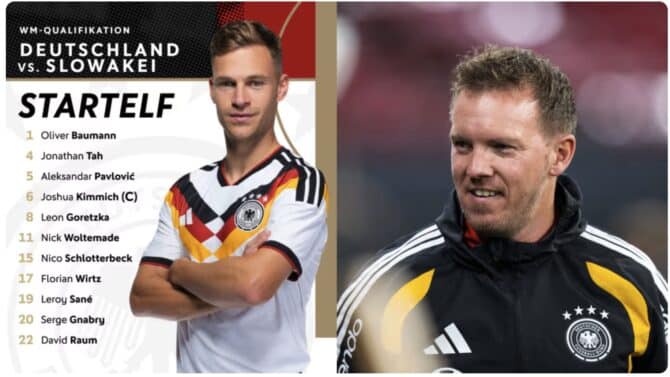 Die offizielle Startaufstellung von Deutschland 1 Baumann – 6 Kimmich, 4 Tah, 15 Schlotterbeck, 22 Raum – 8 Goretzka, 5 Pavlovic – 19 Sané, 20 Gnabry, 17 Wirtz – 11 Woltemade