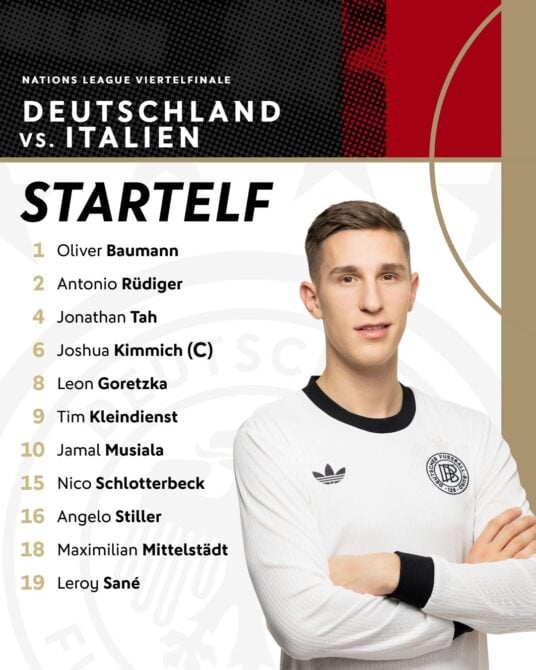 Die deutsche Startaufstellung gegen Deutschland:1 Baumann - 4 Tah, 2 Rüdiger, 15 Schlotterbeck - 6 Kimmich, 16 Stiller, 8 Goretzka, 18 Mittelstädt - 19 Sané, 10 Musiala - 9 Kleindienst