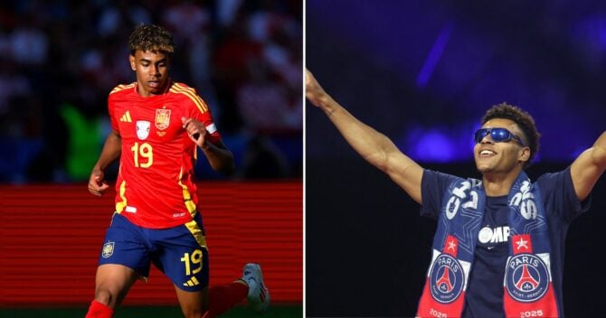 UEFA Nations League Länderspiel Frankreich gegen Spanien: Doué fordert Yamal heraus (Foto-Combo AFP)