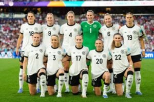Die deutsche Fußballnationalmannschaft gegen Frankreich - Startaufstellung am 19.Juli 2025 bei der EM 2025(Photo by Jose Breton / NurPhoto via AFP)
