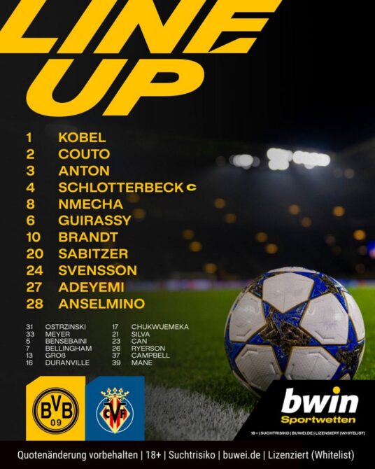 Niko Kovac wechselt im Vergleich zum Stuttgart-Spiel auf insgesamt fünf Positionen: Jobe Bellingham, Maxi Beier, Carney Chukwuemeka, Emre Can, und Julian Ryerson nehmen zunächst auf der Bank Platz. Dafür rücken Karim Adeyemi, Aaron Anselmino, Yan Couto, Marcel Sabitzer und Daniel Svensson in die Startelf.