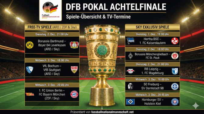 DFB Pokal Spielplan Achtelfinale - Welche Spiele kommen im Free-TV?