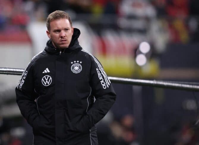 Bundestrainer Julian Nagelsmann am 17. November 2025 in Leipzig gegen die Slowakei im letzten Wm-Quali-Spiel. (Photo by Ronny HARTMANN / AFP)