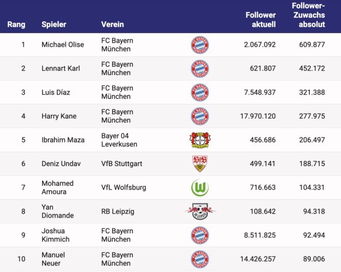 Die Top 10 der BL-Instagram Accounts (Quelle Netzschreier)