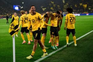 Der Dortmunder Felix Nmecha feiern in der Champions League gegen Villarreal CF im Signal Iduna Park. (Foto Depositphotos.com)