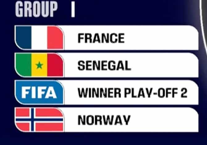 Wm Gruppe I mit Frankreich Senegal Play-Off-Gewinner Interkontinental II (Irak - Sieger Bolivien/Surinam) Norwegen