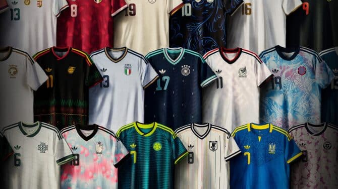 Komplette Übersicht aller neuen adidas Auswärtstrikots für die FIFA Fußball-Weltmeisterschaft 2026. Produktaufnahme mit den Away-Jerseys aller adidas-Partner-Nationalmannschaften. Copyright adidas