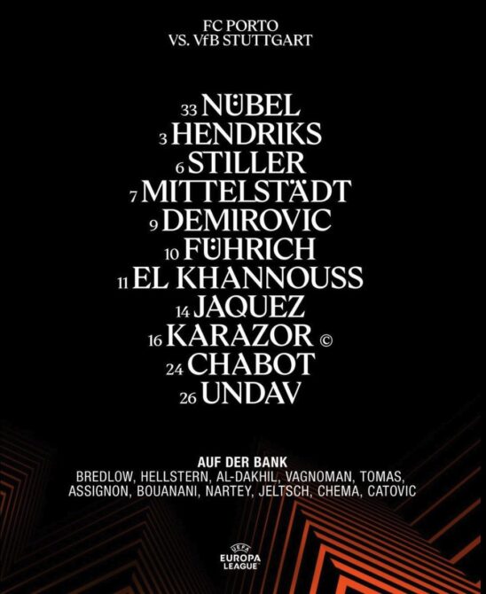 Die Aufstellung des VfB Stuttgart für das UEFA-Europa-League-Achtelfinale (Rückspiel) beim FC Porto am 19. März 2026: Nübel, Hendriks, Stiller, Mittelstädt, Demirovic, Führich, El Khannouss, Jaquez, Karazor (Kapitän), Chabot, Undav.