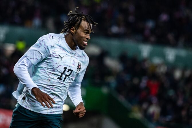 Carney Chukwuemeka feiert sein Tor zum 4:0 für Österreich im Länderspiel gegen Ghana im Ernst-Happel-Stadion in Wien am 27. März 2026. Christian Bruna / Getty Images