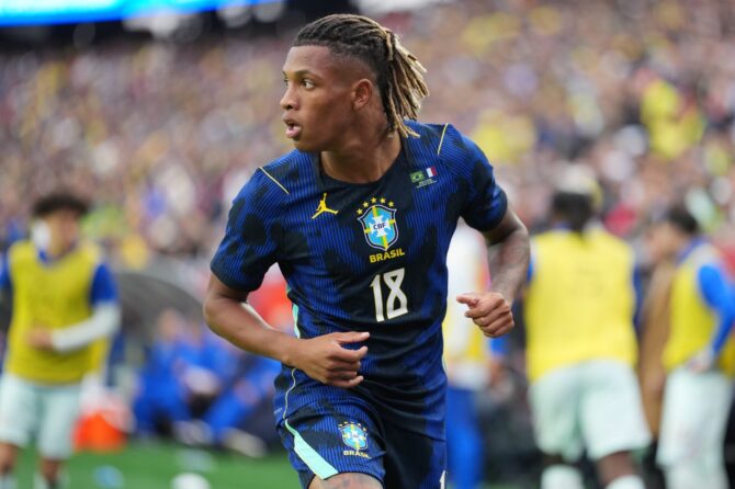 Danilo Santos läuft für Brasilien im Freundschaftsspiel gegen Frankreich im Gillette Stadium in Foxborough, Massachusetts am 26. März 2026. Foto: Michael Owens / Getty Images