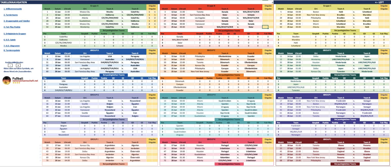 Fußball WM 2026 Spielplan als Excel, PDF & ical