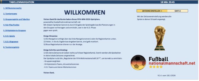 WM 2026 Spielplan Excel – Übersicht und Navigation aller Tabs