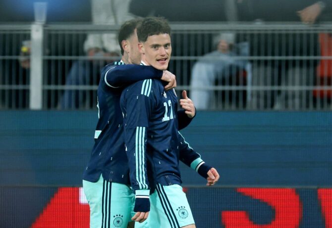 Florian Wirtz bejubelt sein Tor zum 3:0 für Deutschland im Länderspiel gegen die Schweiz im St. Jakob-Park in Basel am 27. März 2026. Alexander Hassenstein / Getty Images
