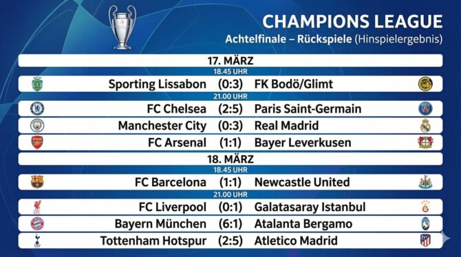 Die Übersicht der Champions-League-Achtelfinale-Rückspiele am 17. und 18. März zeigt alle Ergebnisse: Sporting Lissabon – FK Bodø/Glimt (0:3), FC Chelsea – Paris Saint-Germain (2:5), Manchester City – Real Madrid (0:3), FC Arsenal – Bayer Leverkusen (1:1), FC Barcelona – Newcastle United (1:1), FC Liverpool – Galatasaray Istanbul (0:1), Bayern München – Atalanta Bergamo (6:1) und Tottenham Hotspur – Atletico Madrid (2:5).