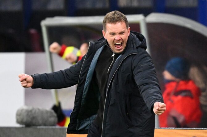 Bundestrainer Julian Nagelsmann bejubelt den Führungstreffer durch Nick Woltemade beim WM-Qualifikationsspiel gegen die Slowakei in der Red Bull Arena am 17. November 2025 in Leipzig. Stuart Franklin / Getty Images