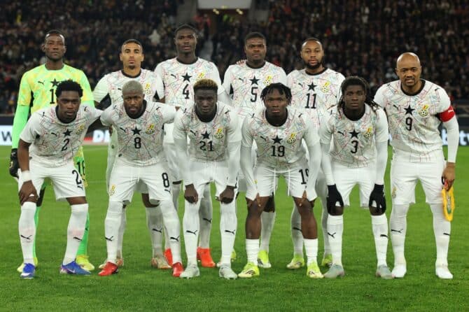 Die ghanaische Nationalmannschaft beim Einstellen vor dem Länderspiel gegen Deutschland in der MHPArena in Stuttgart am 30. März 2026. Alex Grimm / Getty Images