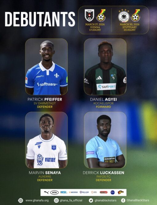 Die ghanaische Nationalmannschaft nominierte vier Debütanten für die Länderspiele gegen Österreich am 27. März 2026 in Wien und gegen Deutschland am 30. März 2026 in Stuttgart: Abwehrspieler Patrick Pfeiffer (SV Darmstadt), Stürmer Daniel Agyei (Kocaelispor), Defensivspieler Marvin Senaya (Auxerre) und Verteidiger Derrick Luckassen (Pafos FC).