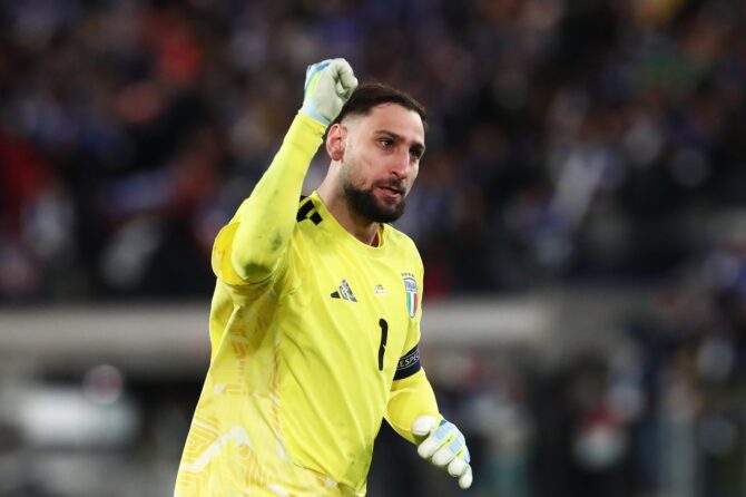 Torhüter Gianluigi Donnarumma bejubelt das 1:0 für Italien im WM-Qualifikations-Play-off gegen Nordirland im Stadio di Bergamo in Bergamo am 26. März 2026. Foto: Marco Luzzani / Getty Images