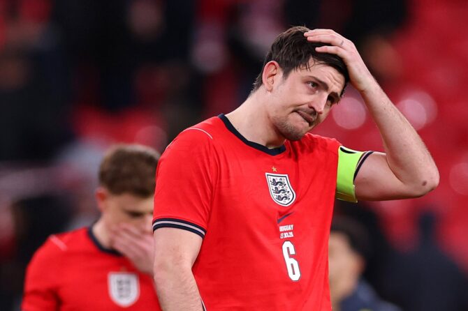 Harry Maguire (#6) zeigt sich niedergeschlagen nach dem Länderspiel zwischen England und Uruguay im Wembley Stadium in London am 27. März 2026. Ryan Pierse / Getty Images