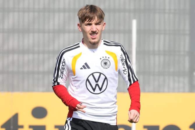Lennart Karl beim Training der deutschen Nationalmannschaft am 24. März 2026 auf dem adidas Homeground in Herzogenaurach. Alexander Hassenstein / Getty Images