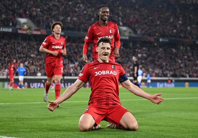 Maximilian Eggestein vom SC Freiburg bejubelt seinen Treffer zum 5:0 im UEFA-Europa-League-Achtelfinale (Rückspiel) gegen KRC Genk im Stadion am Wolfswinkel in Freiburg im Breisgau am 19. März 2026. Christian Kaspar-Bartke / Getty Images Europe via Getty Images