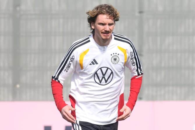 Nick Woltemade beim Training der deutschen Nationalmannschaft am 24. März 2026 auf dem adidas Homeground in Herzogenaurach. Alexander Hassenstein / Getty Images