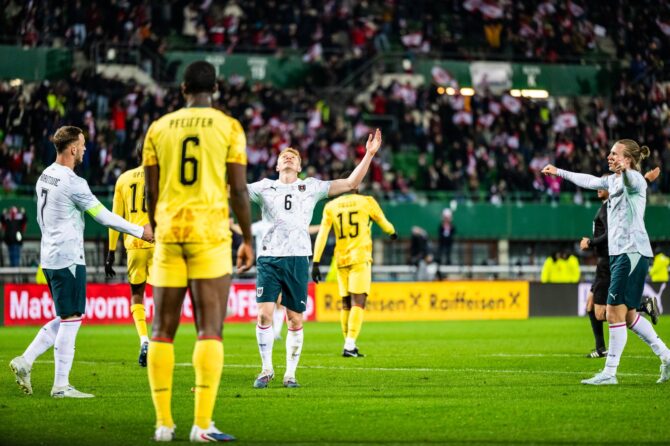 Nicolas Seiwald jubelt nach seinem Treffer zum 5:0 für Österreich im Testspiel gegen Ghana am 27. März 2026 im Ernst Happel Stadion in Wien. Christian Bruna / Getty Images