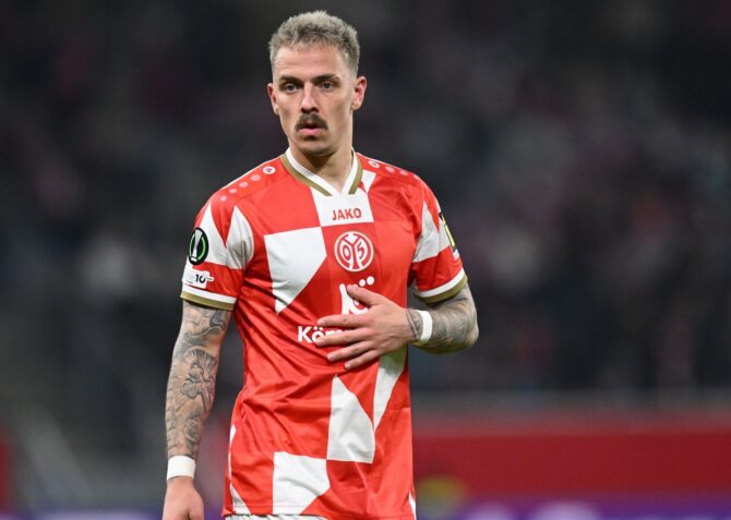 Phillip Tietz vom 1. FSV Mainz 05 in Aktion beim UEFA Conference League-Rückspiel des Achtelfinales gegen SK Sigma Olomouc am 19. März 2026 in der Mainz Arena in Mainz. Stuart Franklin / Getty Images