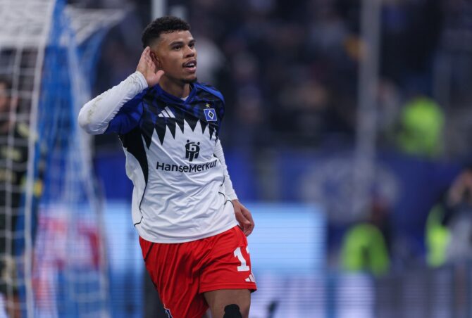 Ransford Königsdörffer vom Hamburger SV jubelt nach seinem Treffer zum 3:0 gegen den 1. FC Union Berlin im Bundesliga-Spiel am 14. Februar 2026 im Volksparkstadion in Hamburg. Foto: Selim Sudheimer / Getty Images Europe via Getty Images