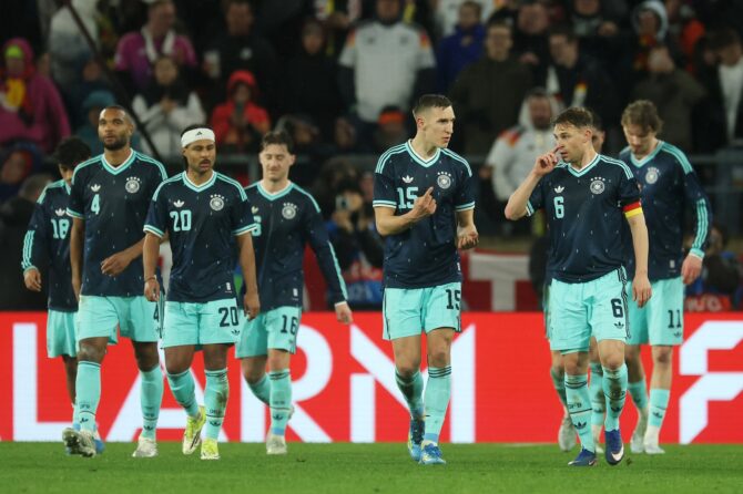 Nico Schlotterbeck und Joshua Kimmich bejubeln das 1:0 durch Kai Havertz im Länderspiel gegen Ghana in der MHPArena in Stuttgart am 30. März 2026. Alexander Hassenstein / Getty Images