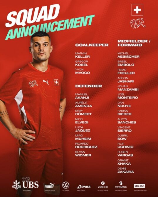 Der Schweizerische Fussballverband gibt seinen Kader für die WM 2026 bekannt: Die offizielle Squad Announcement Grafik zeigt Granit Xhaka als Testimonial und listet alle nominierten Spieler — darunter Torhüter Keller, Kobel und Mvogo, Abwehrspieler wie Akanji, Elvedi und Rodriguez sowie Offensivspieler wie Embolo, Freuler, Ndoye und Vargas.