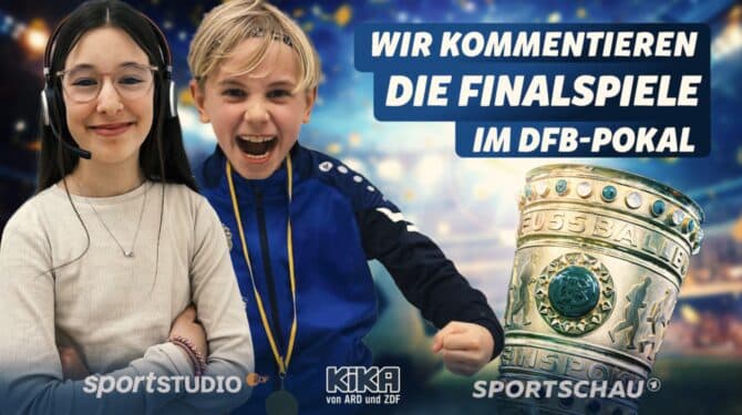 Cleo (12) und Charlie (13) kommentieren DFB-Pokalfinale der Frauen und Männer live auf kika.de und in der KiKA-App (Copyright KIKA)
